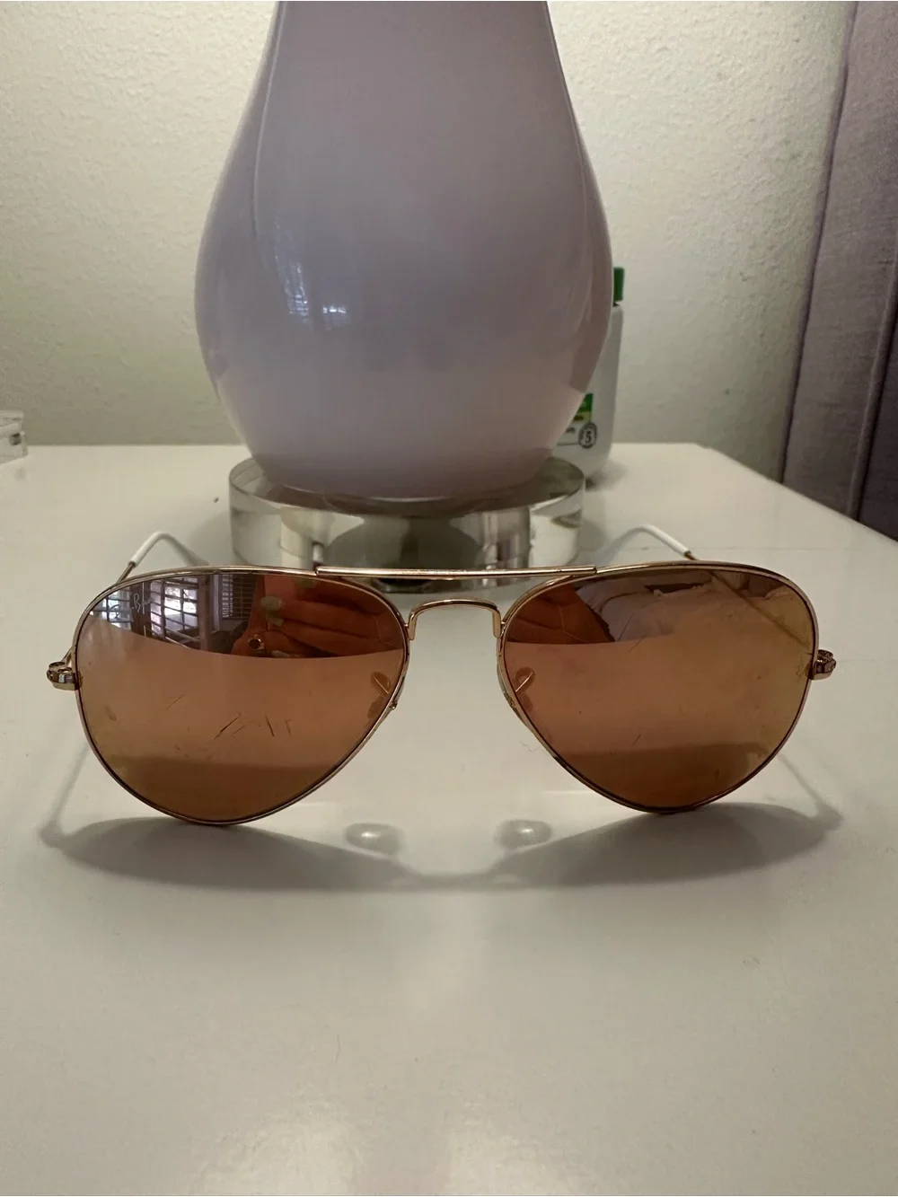 Ray-Ban Rose Gold Lens White and Gold Frame Aviator Sunglasses